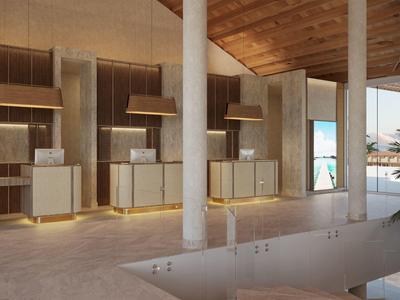 Modern hotel lobby with marble counters, hanging lamps, and wooden ceiling beams.