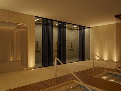 Modern indoor pool area with wood paneling, lighting, and black window panels.
