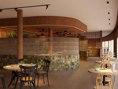 Cozy hotel restaurant with wooden furniture, tiled walls, and large windows letting in natural light.