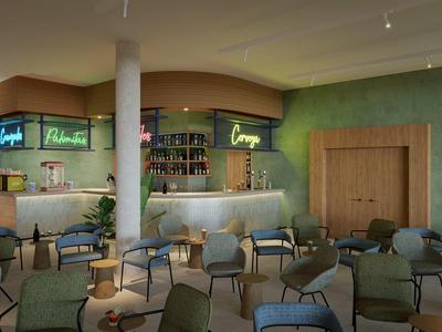 Cozy hotel bar with green walls, wooden door, and various chairs around small tables.