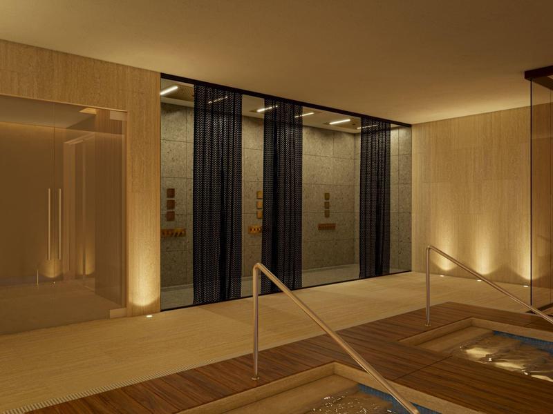 Modern indoor pool area with wood paneling, lighting, and black window panels.