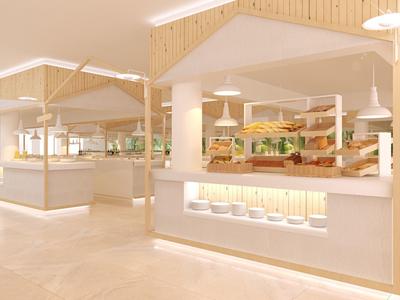 Moderne helle Gastronomie mit Holzdetails, Tresen und warmem Licht, klare Linien und offene Architektur.