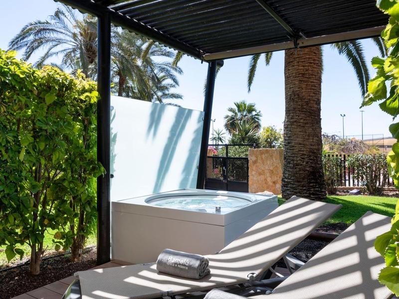 Jacuzzi extérieur dans un coin ombragé avec transats et palmiers.