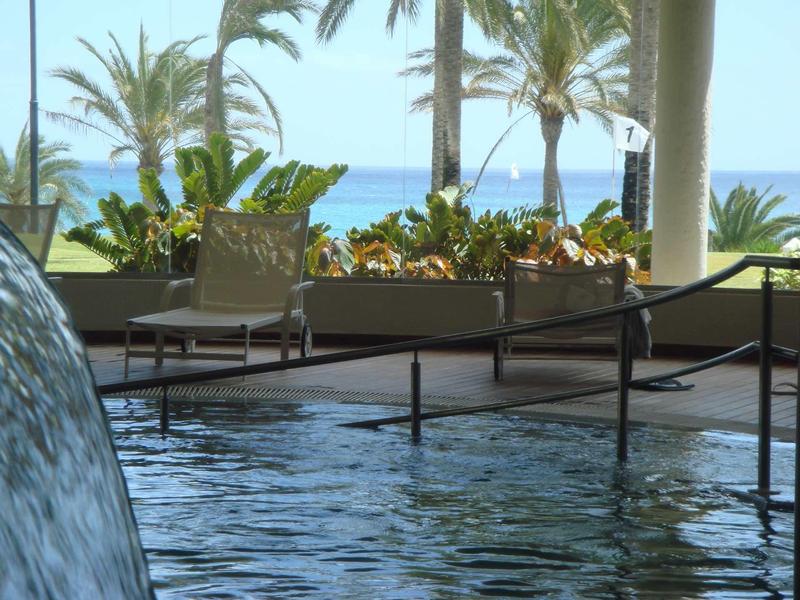 Piscina esterna moderna con cascata, lettini e vista mare sotto le palme.