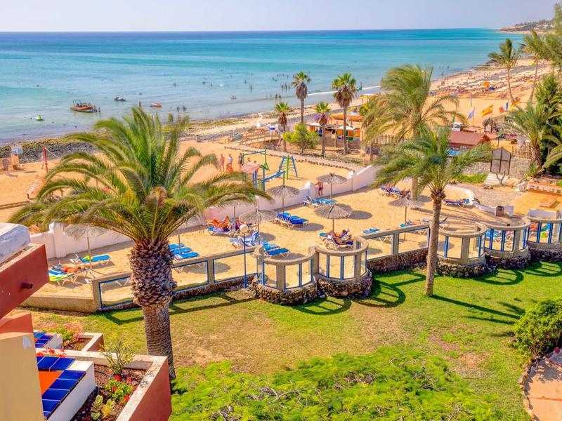 Pláž s palmami, slunečníky a lehátky v slunném přímořském letovisku