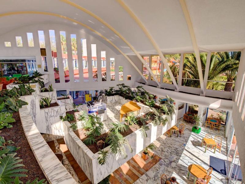 Světlá hotelová hala s velkými okny, palmami a pohodlnými posezeními.