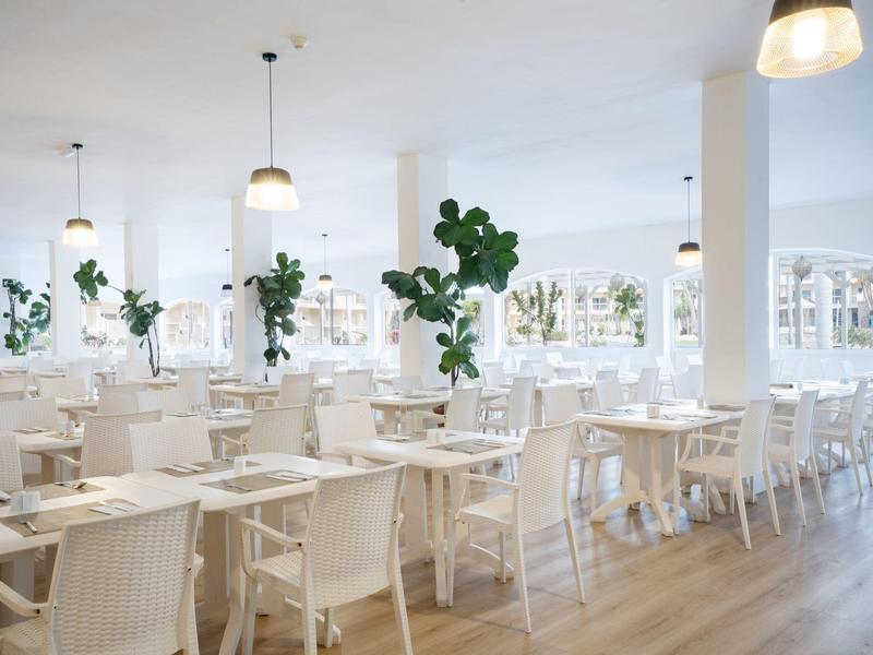Světla, moderní restaurace s bílým nábytkem a rostlinami na dřevěné podlaze.