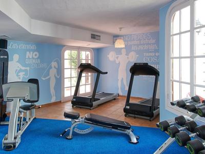 Salle de sport avec tapis roulants, haltères et murs bleus avec fenêtres laissant entrer la lumière du jour.