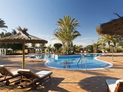 Otevřená oblast u bazénu s lehátky a palmami pod jasnou oblohou.