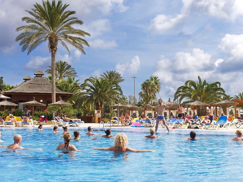 Mensen genieten van zwemmen in een hotelzwembad omringd door palmbomen en zonnige lucht.
