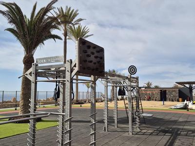 Aire de jeux avec structure d'escalade et palmiers face à la mer sous un ciel nuageux