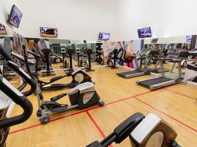 Innenraum eines hellen Fitnessstudios mit mehreren Crosstrainern, Laufbändern und Spiegeln an der Wand.