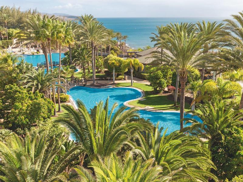 Vue d'une piscine d'hôtel tropicale entourée de palmiers et de plantes avec la mer en arrière-plan.