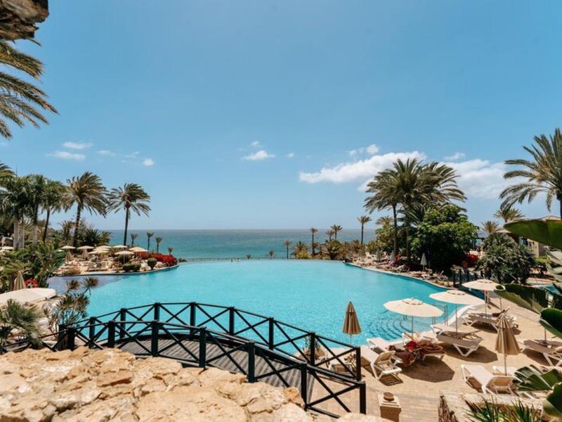 Piscine à débordement avec vue sur la mer, entourée de palmiers et parasols.