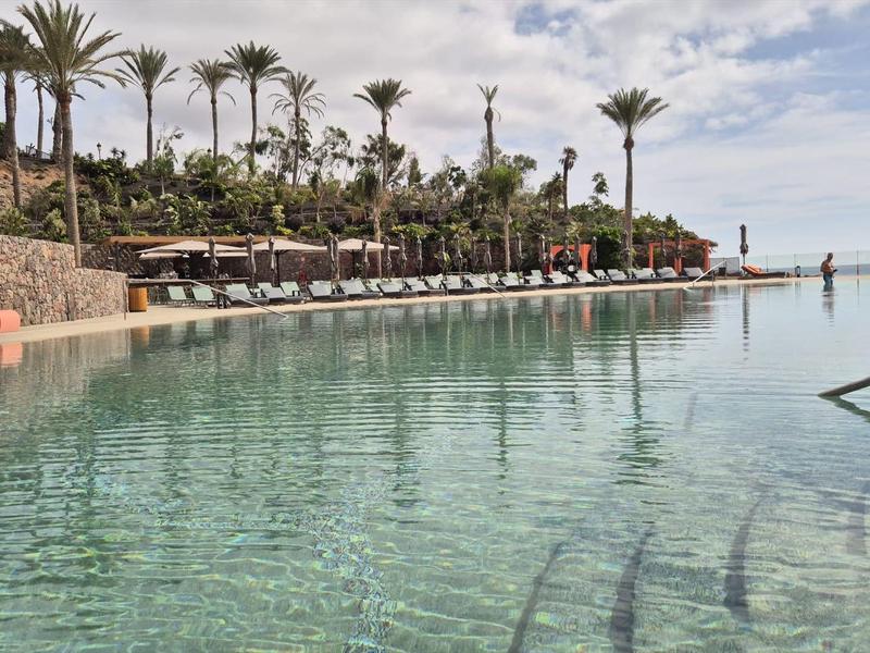 Grande piscine avec eau claire, entourée de chaises longues et de palmiers sous un ciel nuageux.