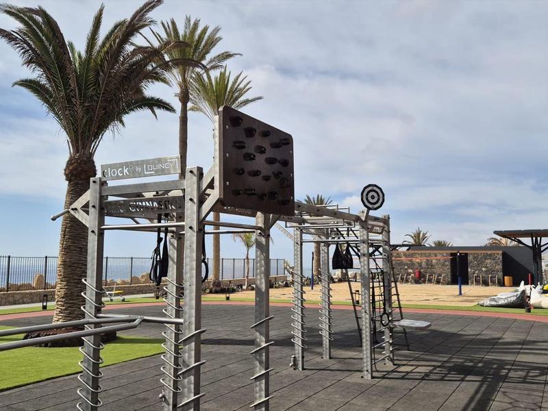 Aire de jeux avec structure d'escalade et palmiers face à la mer sous un ciel nuageux