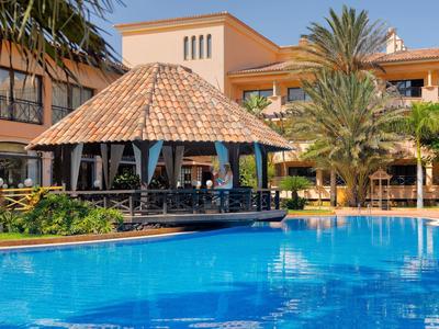 Hotelzwembad met rieten dakbar en tropische planten bij zonnig weer