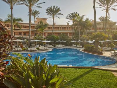 Hotelzwembad omgeven door palmbomen en ligbedden onder een heldere lucht.