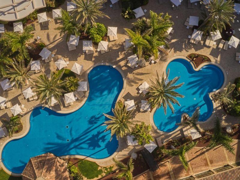 Luchtfoto van een resortzwembad met twee uniek gevormde zwembaden omgeven door ligstoelen en palmbomen.
