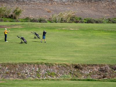 Deux personnes jouent au golf sur un parcours bien entretenu avec des chariots de golf.