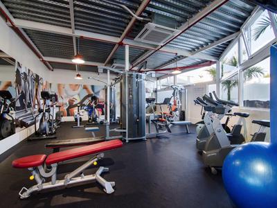 Gimnasio con equipos de entrenamiento, espejos y grandes ventanas que dejan entrar la luz del día.