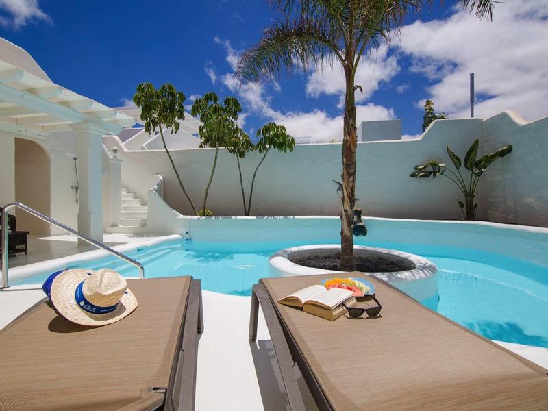 Tranquil pool area with two loungers, palm trees, and blue sky.