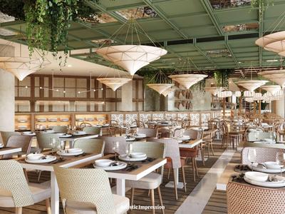 Area ristorante moderna in hotel con tavoli apparecchiati e grandi lampade sospese