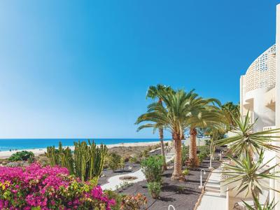 Uitzicht op een zonnige hotel tuin met palmbomen, kleurrijke bloemen en zee op de achtergrond.