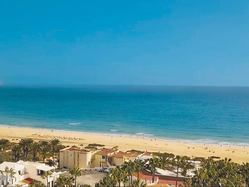 Widok na piaszczystą plażę z niebieskim morzem i kilkoma budynkami na pierwszym planie pod czystym niebem.