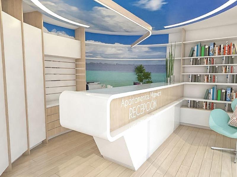 Nowoczesna recepcja z białym biurkiem, drewnianymi akcentami i przytulnym miejscem do siedzenia z książkami.