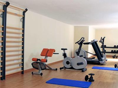 Kleiner, heller Fitnessraum mit Holzfußboden, Trainingsmatten, Geräten und Hanteln an der Wand.