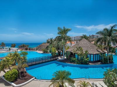 Large hotel pool with tropical plants and sea view under clear sky.