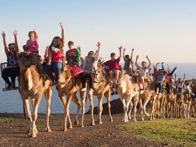 Groep mensen die op kamelen rijden op het strand bij zonsondergang.