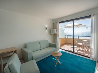 Lichte woonkamer met bank, fauteuils, blauwe vloerkleed en balkon met zeezicht.