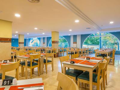 Helles, modernes Restaurant mit Holztischen und großen Fenstern mit Blick auf Bäume.