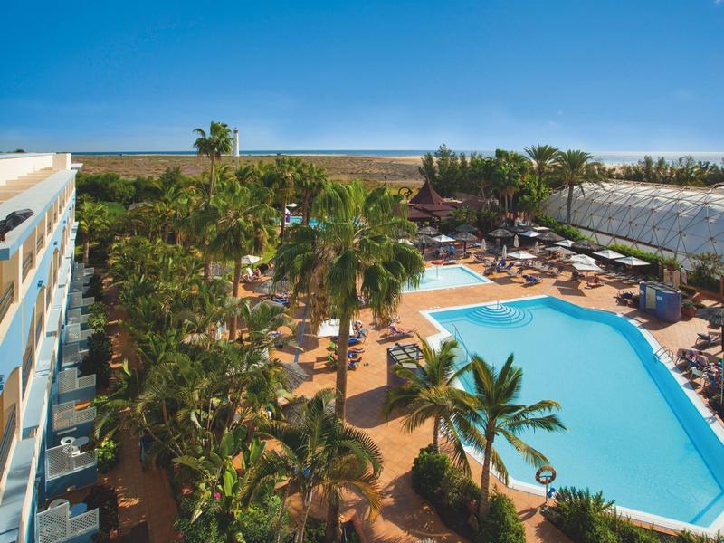 Hotel pool with palm trees and umbrellas, overlooking the beach under a sunny sky.