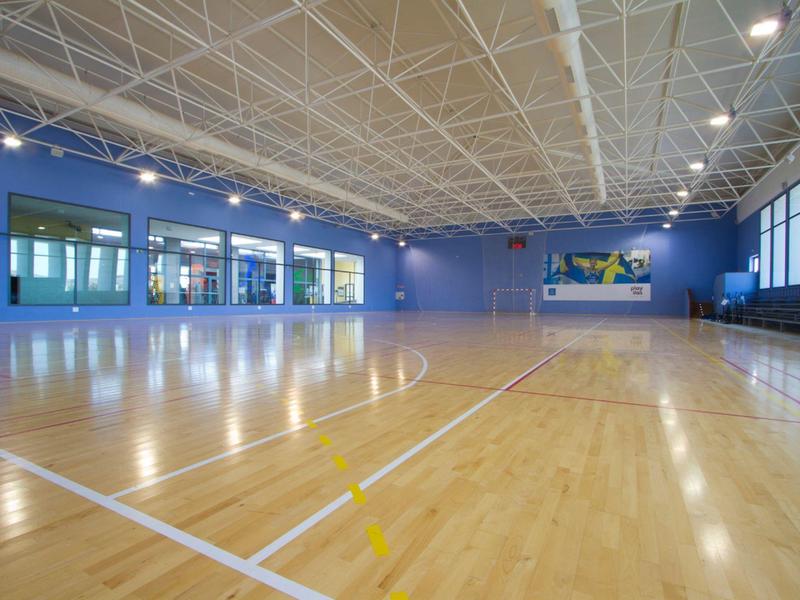 Lege sporthal met houten vloer en blauwe muren, verlicht door plafondlampen.