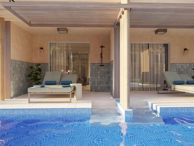 Modernes Hotelzimmer mit Pool, Sonnenterrasse und Liegestühlen unter überdachtem Bereich.