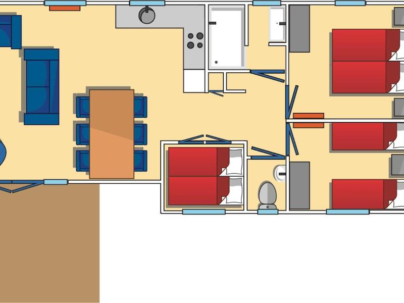 Grundriss eines Hauses mit Wohnzimmer, Küche, Badezimmer, drei Schlafzimmern und Terrasse in Blau und Rot.