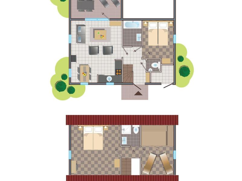 Plattegrond van een vakantiehuis met twee verdiepingen met woonruimtes, slaapkamers en buitenruimtes.