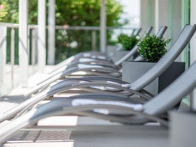 Rząd szarych leżaków na słonecznym tarasie z zielonymi roślinami.