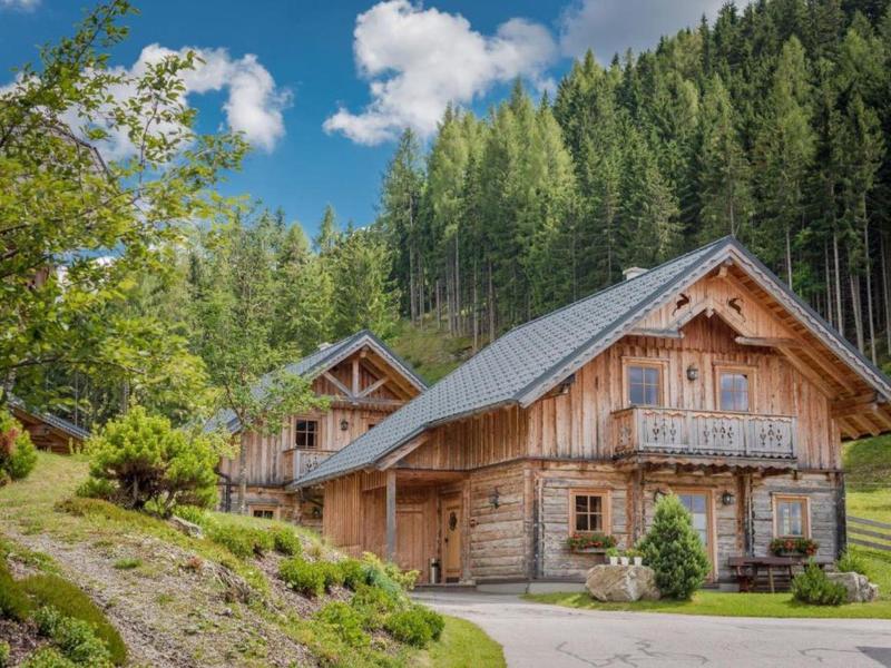 Chalets en bois dans un paysage forestier vert sous un ciel clair.