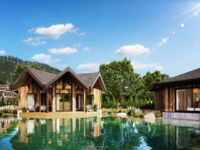 Modern wooden houses beside a clear lake in a green landscape under a blue sky.