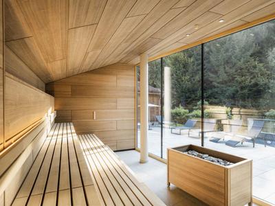 Sala de sauna moderna con revestimiento de madera y gran pared de vidrio con vista a la terraza y la naturaleza.