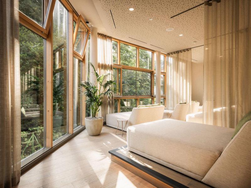 Habitación de hotel luminosa con grandes ventanas, dos camas y planta tropical.