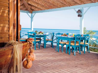 Terrazza con tavoli e sedie blu che si affacciano sul mare sotto un tetto di legno.