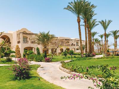 Luxueus hotel met palmbomen en goed onderhouden tuin onder heldere hemel