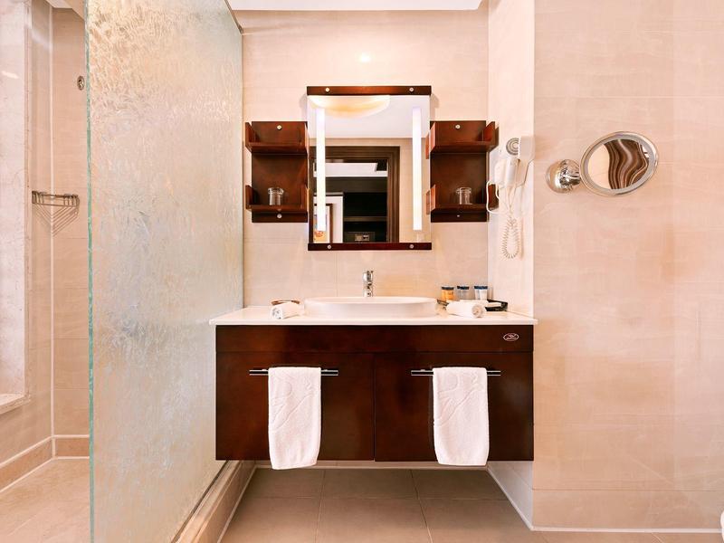 Moderne badkamer met houten wastafelmeubel, dubbele wasbakken en grote spiegel in een hotelkamer.