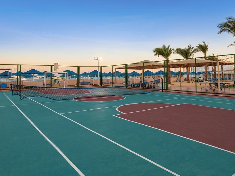 Cancha de baloncesto al aire libre con palmeras y playa al fondo bajo cielo despejado.