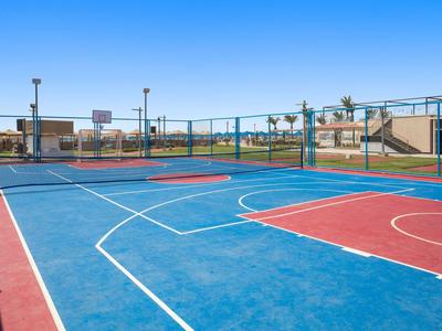 A basketball court with blue and red flooring, surrounded by fences and buildings in the background.
